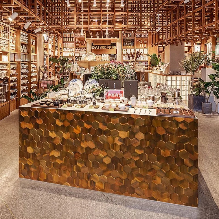 Walnut Wood Mosaic Tile Wall Sticker for TV Background Art Wall Decoration Modern 3D Wood Hexagon Wooden Panel Wall Panel