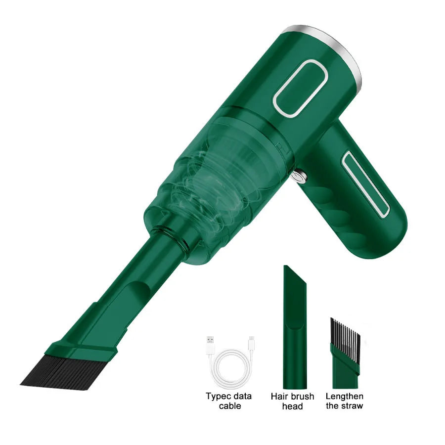 Máy hút bụi cầm tay màu xanh lục với phụ kiện bàn chải và cáp sạc Type-C.