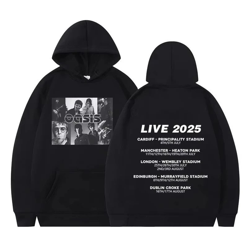 Áo hoodie đen có hình ảnh và chữ trắng ở mặt trước và lịch diễn "LIVE 2025" ở mặt sau.
