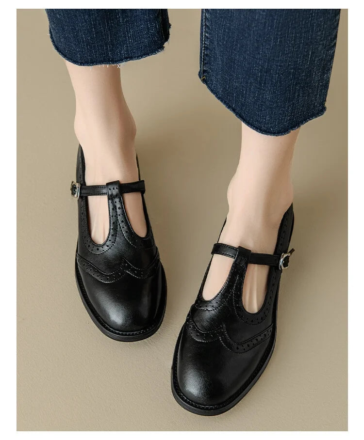 Women's Retro Oxford Shoes Vintage Perforated Genuine Leather