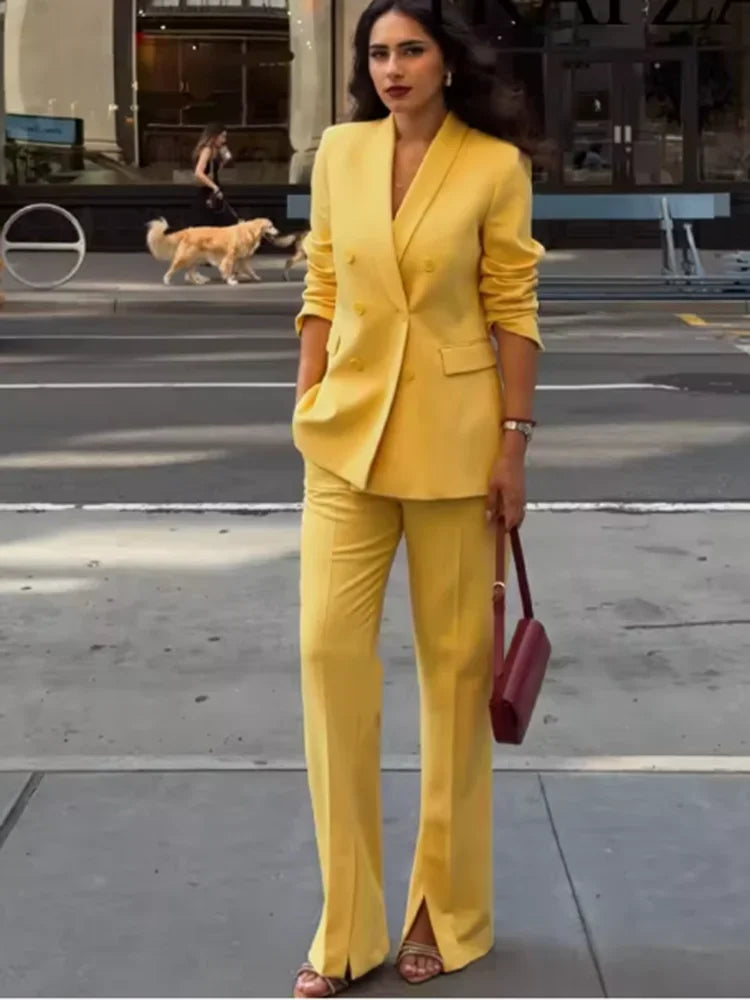 Office Lady Suits Two Piece Pant Set Turn-Down Collar Long Sleeve Double-Breasted Blazers+Mid Waist Zipper Flared Pants - Daisan Mart