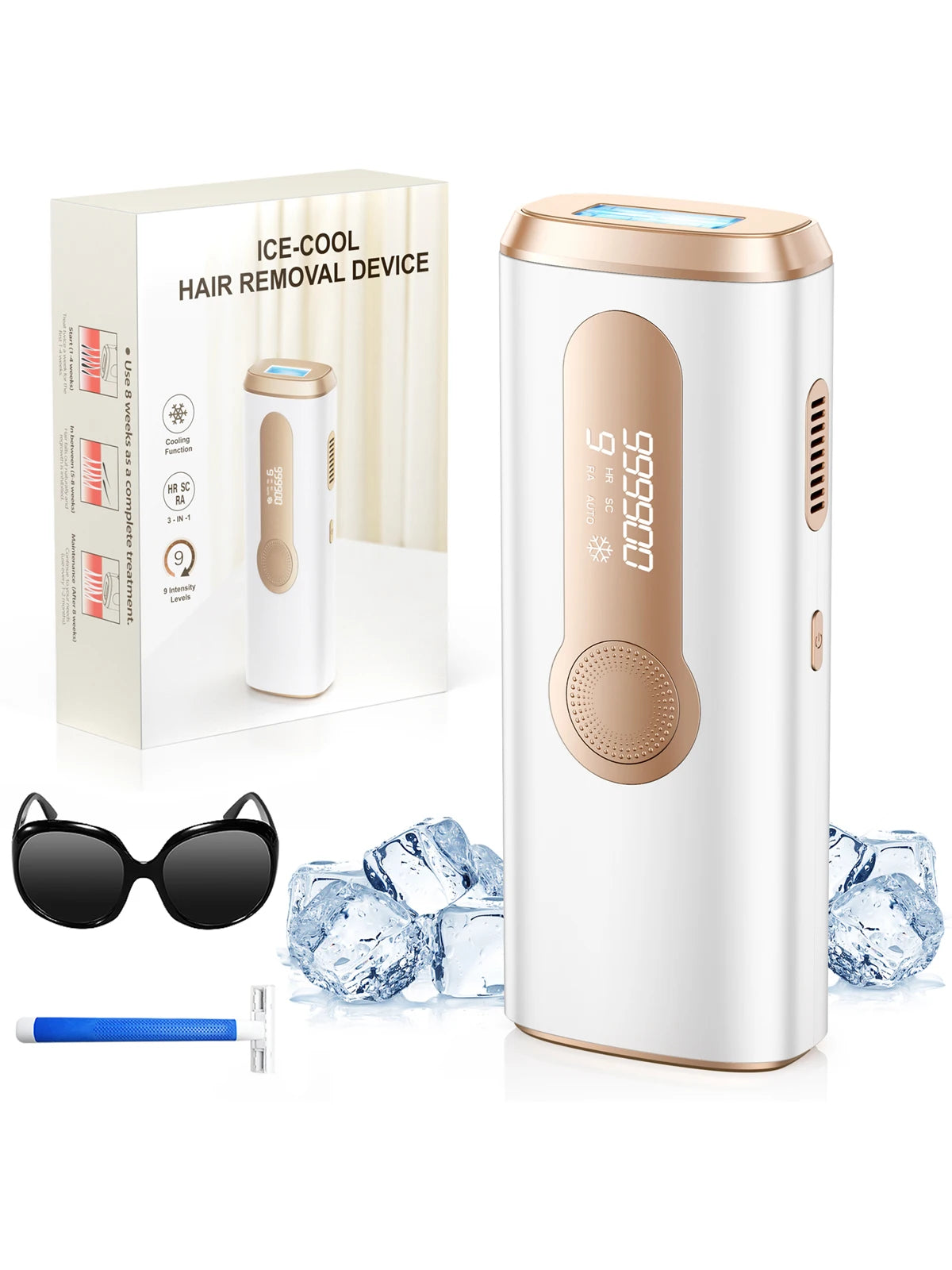 Máy triệt lông màu trắng và vàng, kèm hộp, kính đen, dao cạo xanh và đá lạnh.