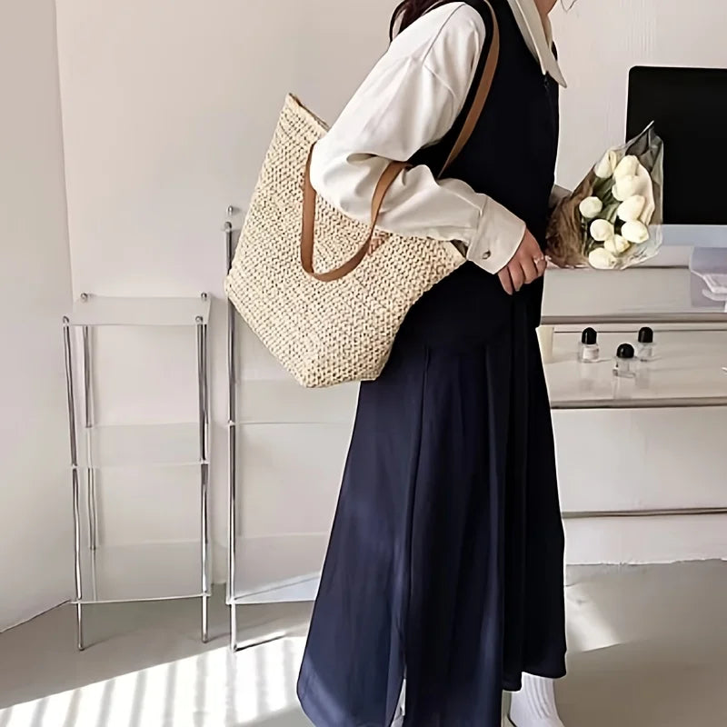 Beige Large Straw Bag with Brown Strap Fashion