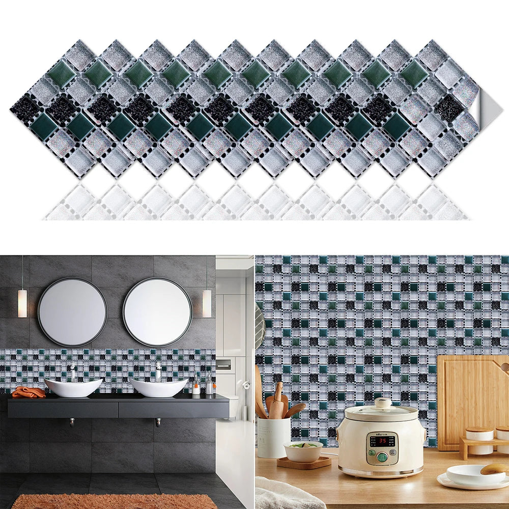 10pcs Flat Mosaic Style Tiles Sticker Kitchen Bathroom Waterproof &amp; Oilproof Art Wall Sticker Peel &amp; Stick Surface Glossy Film