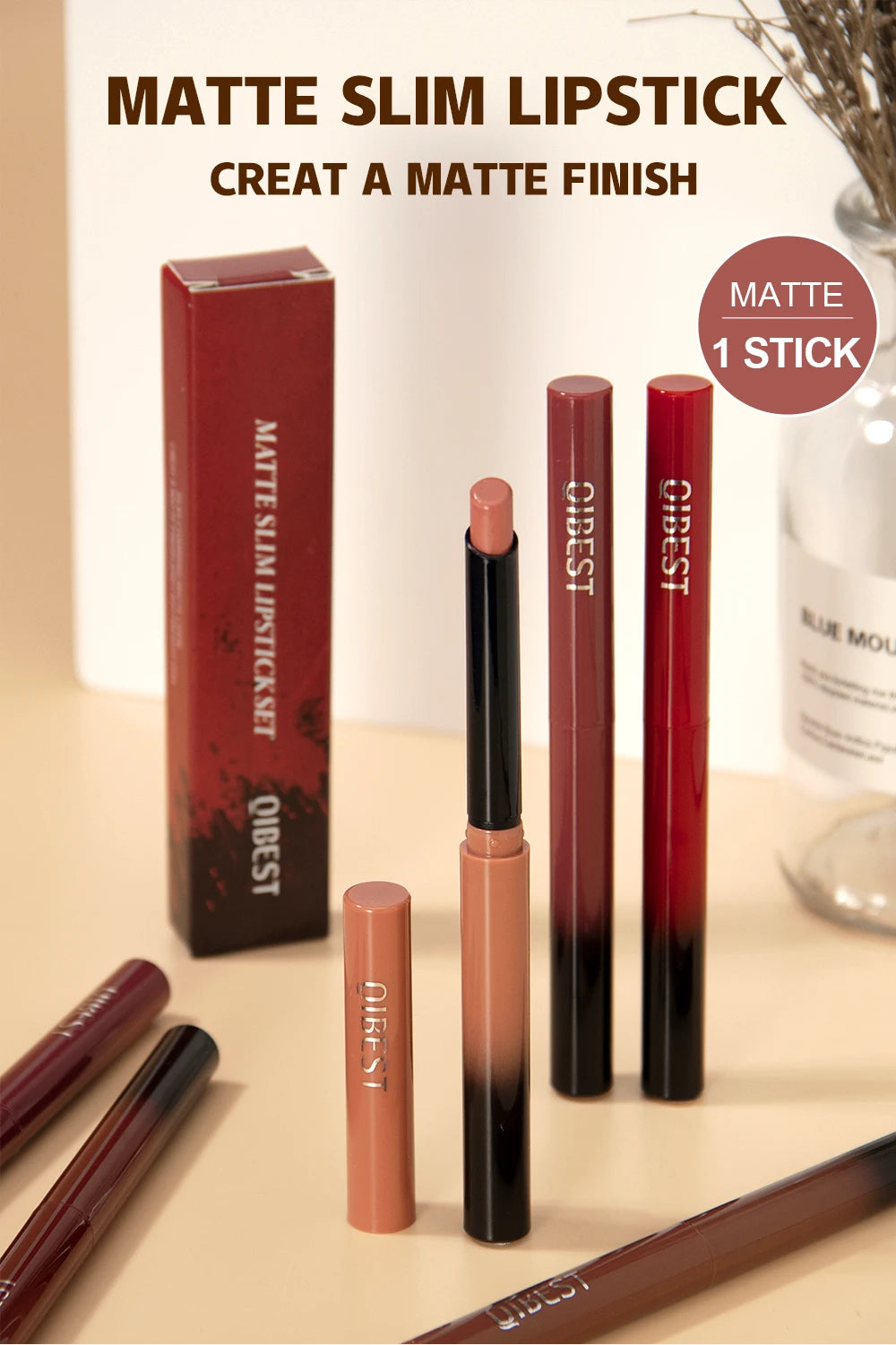 Bút Son Lì QIBEST 12 Màu Dưỡng Ẩm Lâu Trôi