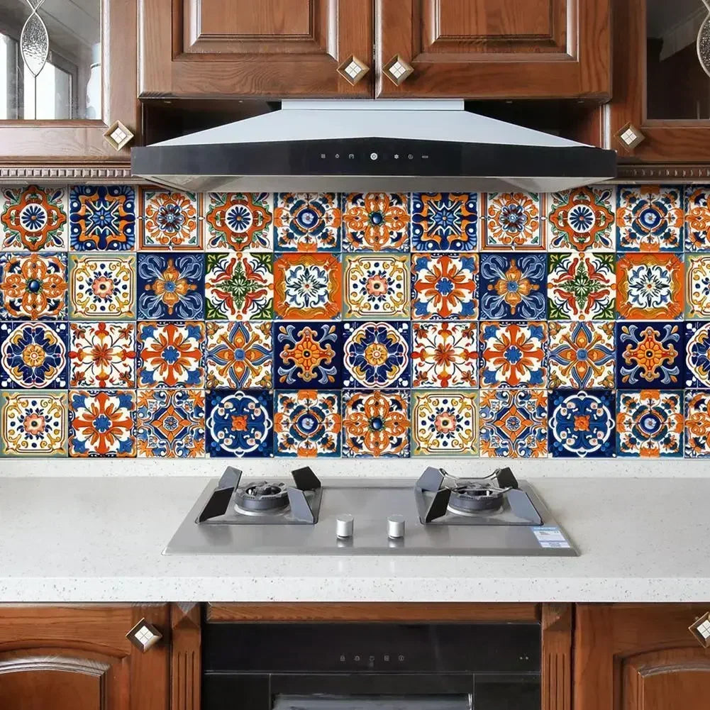 24pcs Morocco Style Colorful Retro Tiles Wall Sticker Kitchen Bathroom Tile Waist Line Wallpaper PVC Waterproof Art Mural