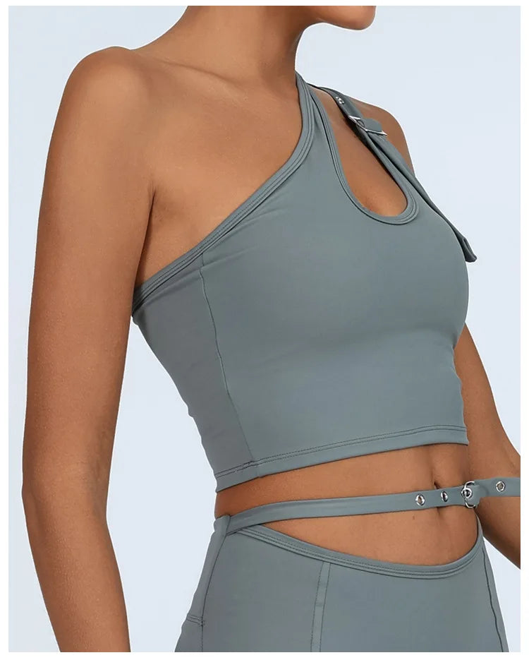 Yoga Tank Top with Built-in Bra Asymmetric Single Shoulder Quick-Dry Breathable High Elasticity Workout Gym Fitness Clothes - Daisan Mart