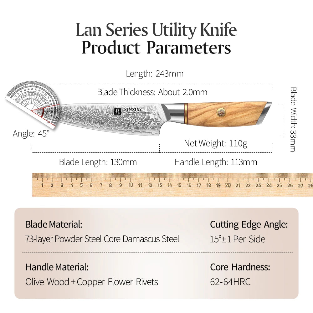 XINZUO 5" inch Utility Knife Kitchen Knives Japanese 73-layer Powder Steel Core Damascus Steel 62-64 HRC Vegetable Peeling Knife