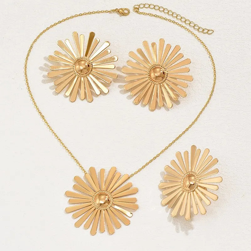 3-Piece Gold-Plated Flower Jewelry Set: Earrings, Ring, Necklace