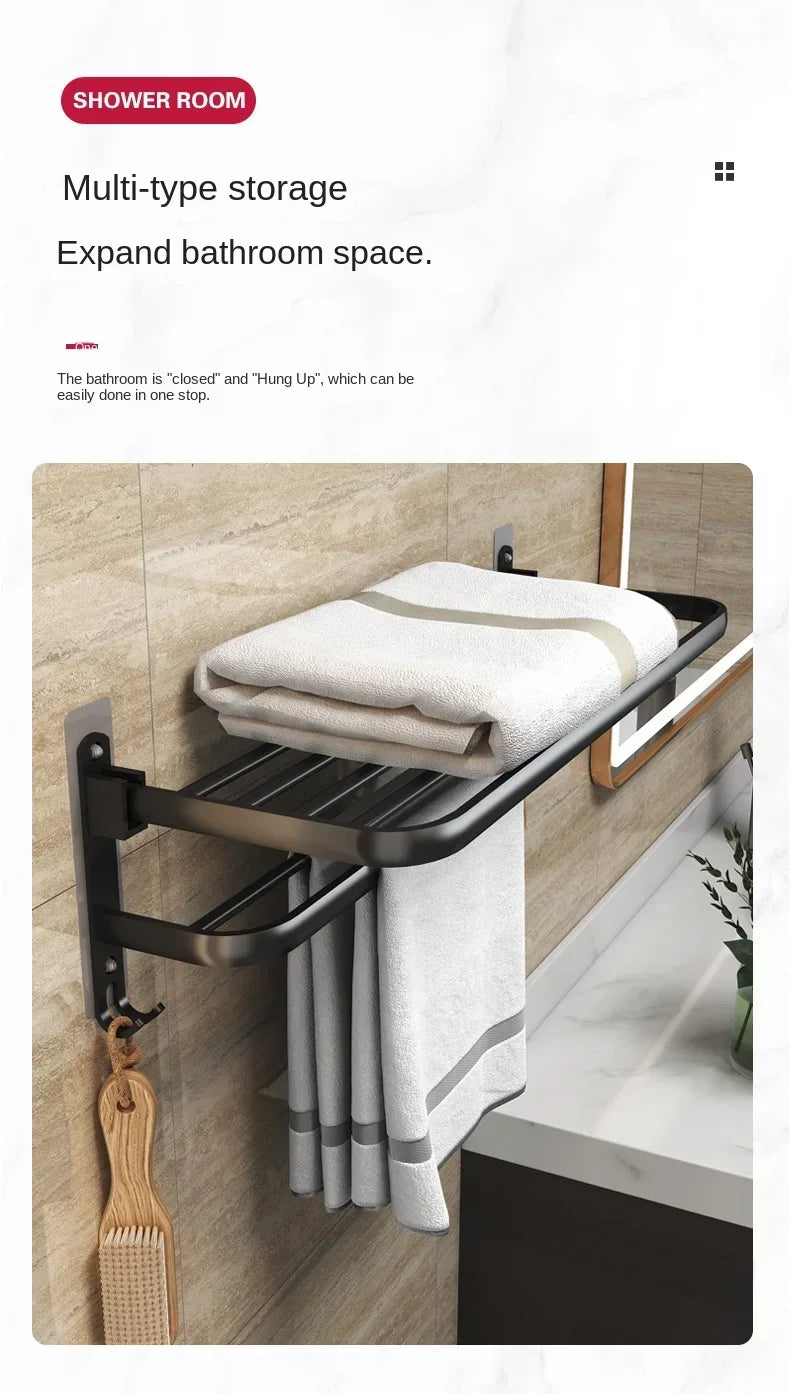 40/50/60CM No Drilling Towel Rack Fold Self-adhesive Wall Hanger Rail Bracket Black Aluminum Shower Bathroom Accessories Holder