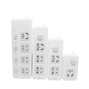 Bốn ổ cắm điện trắng có công tắc và đèn LED đỏ, bố trí theo thứ tự tăng dần chiều cao.