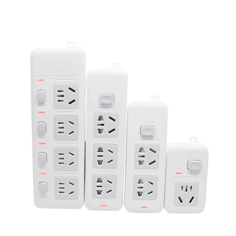 Bốn ổ cắm điện trắng có công tắc và đèn LED đỏ, bố trí theo thứ tự tăng dần chiều cao.