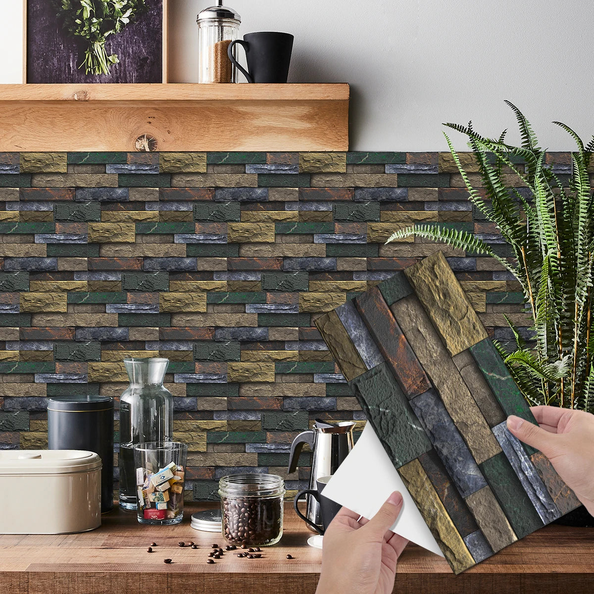 6Pcs 3D Self-Adhesive Wall Sticker 30x15cm Oil Proof Waterproof Brick Stone Imitation Brick Tile Stone Particle Wallpaper Decals