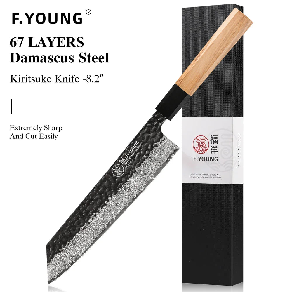 Dao Bếp Nhật F.YOUNG Rèn Tay Thép Damascus Cao Cấp