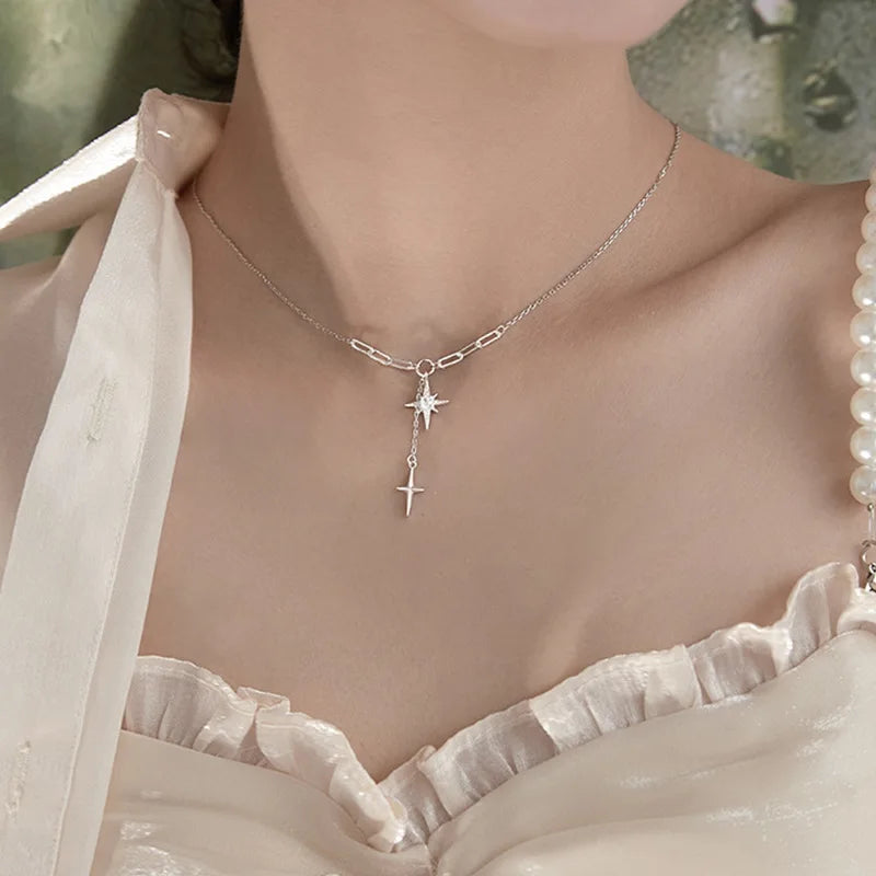 Feminine and Gentle Long Crystal Star Silver Necklace
