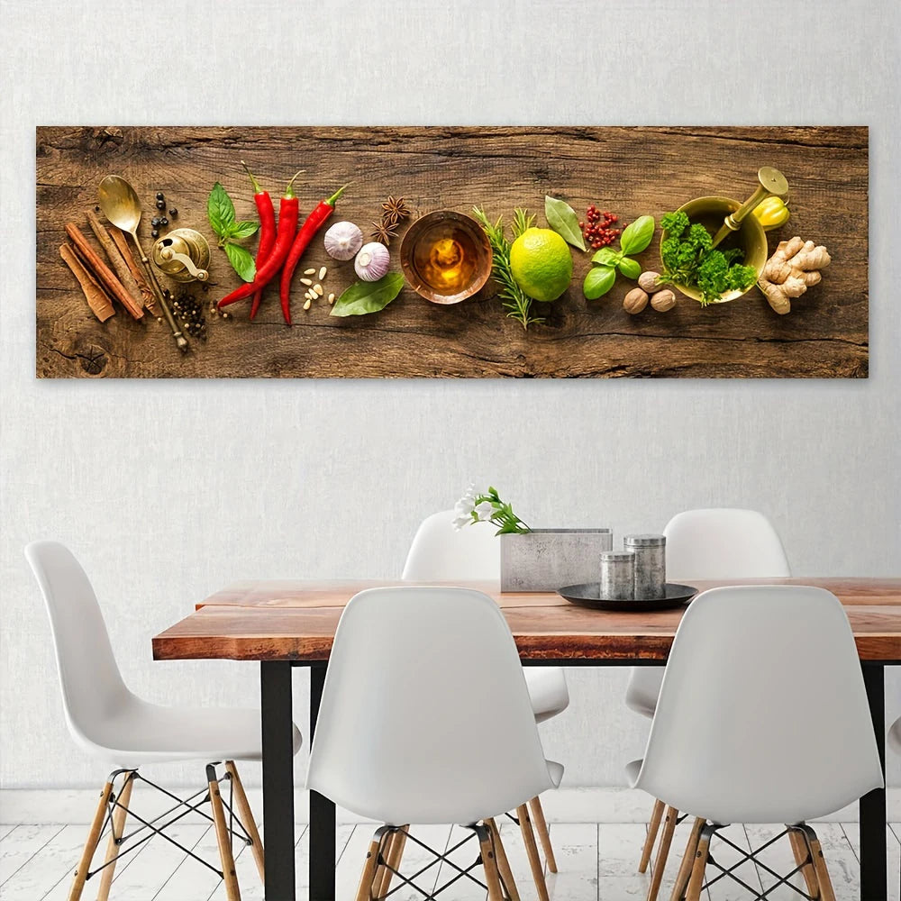 Kitchen Spice Canvas Wall Art, Grain Spice Spoon Chili Lemon Poster Printing Wall Art for Living Room and Dining Room Home Decor