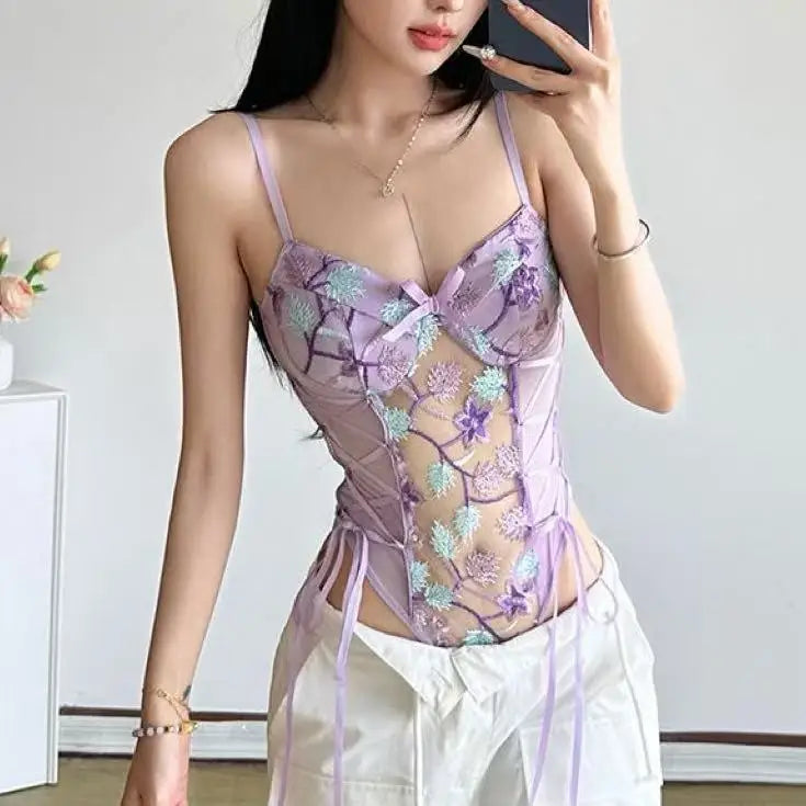 Sexy Butterfly Floral Bodysuit Embroidery See-through Mesh