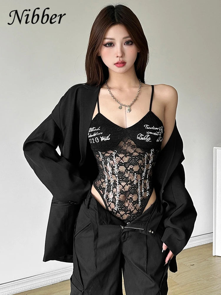 Nibber Patchwork Woman Bodysuit Sling Off Sleeves Skinny Backless Personality Chick Versatile Atmosphere Fashionable Outfits