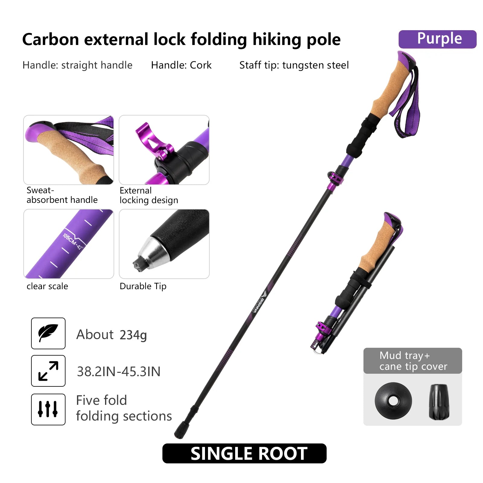 BISINNA Ultra Light 5-Section Folding Carbon Trekking Pole