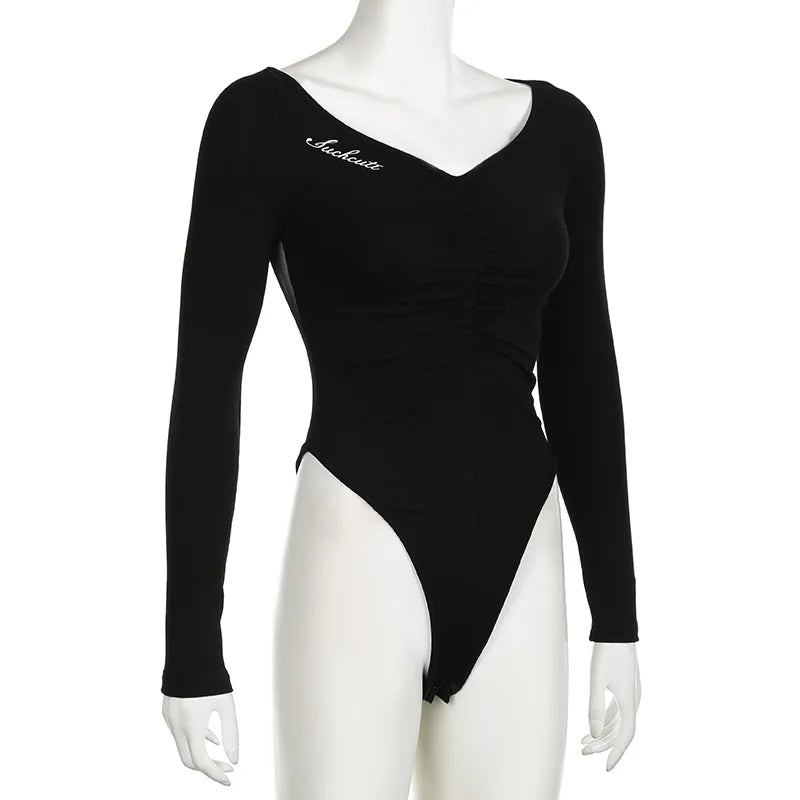 Goth Dark Mall Gothic Mesh See Through Butterfly Print Skinny Bodysuits Sexy Backless V-neck Overalls Y2K Grunge Street Bodysuit