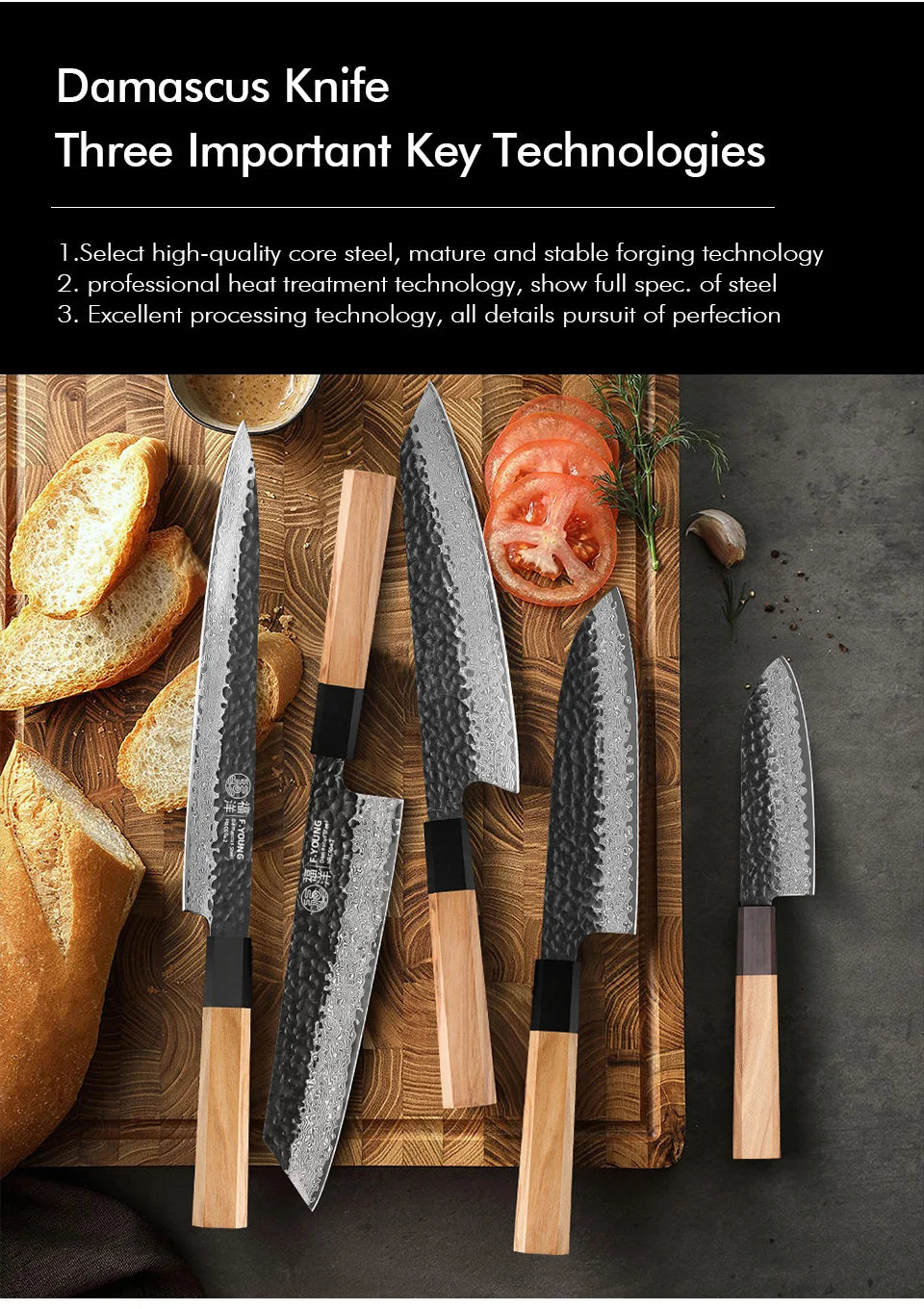 Dao Bếp Nhật F.YOUNG Rèn Tay Thép Damascus Cao Cấp