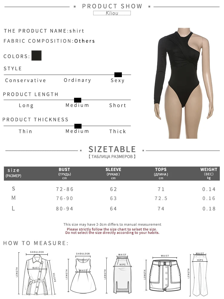 kliou Classic Solid Women Bodysuits Autumn All-matched Stacked Ruched Incline Shoulder Skinny Rompers Female Trend Street  Tops - Daisan Mart