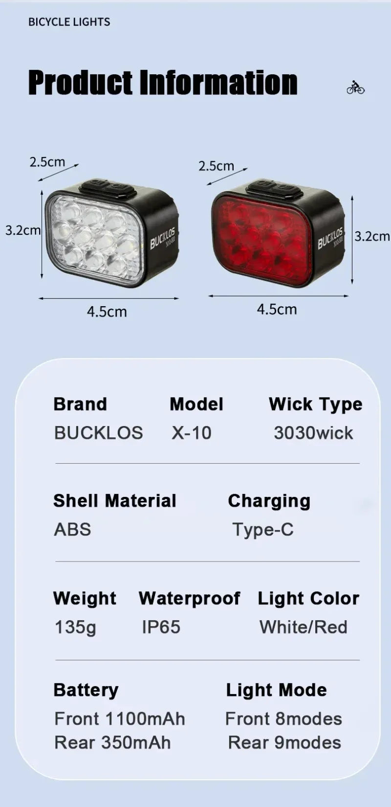 BUCKLOS LED Waterproof USB Bicycle Light 1100mAh