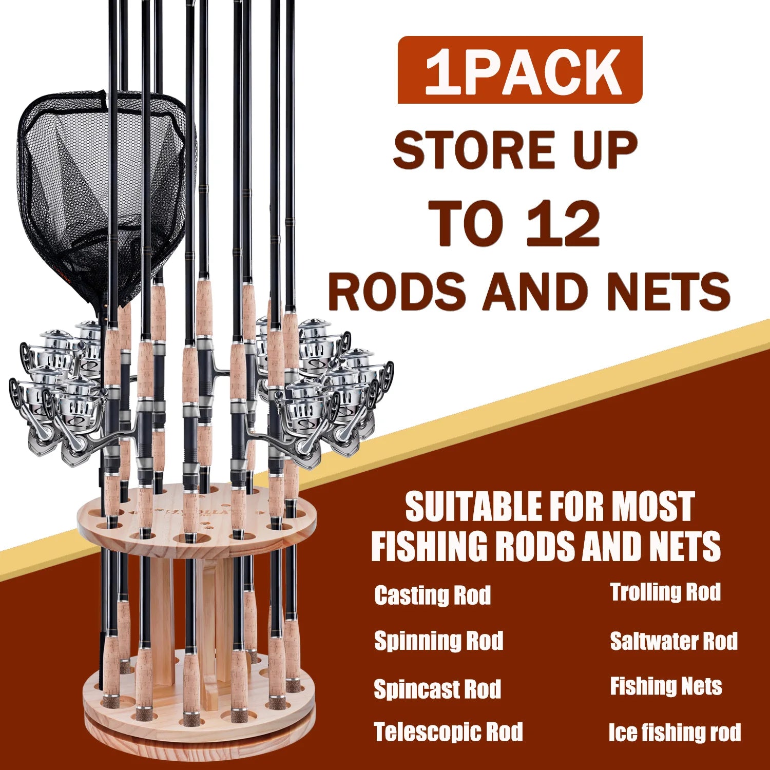 360° Rotation Wooden 12 Slots Round Fishing Rod Holder Upgrade And Strengthen Space Saving Storage Organizer Roove Fishing Gear