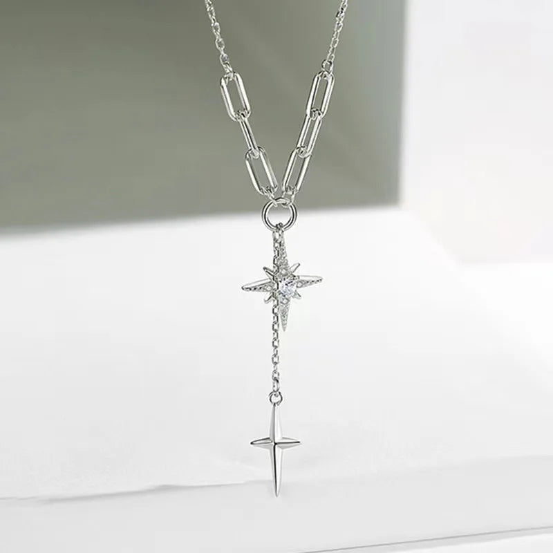 Feminine and Gentle Long Crystal Star Silver Necklace