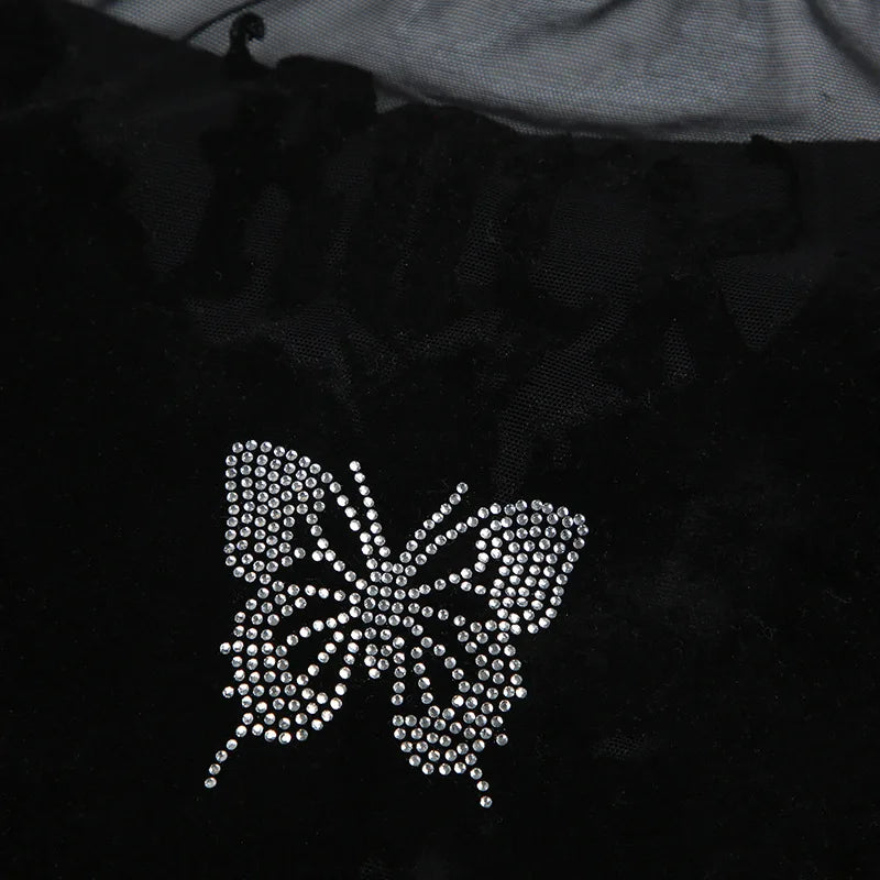 Goth Dark Mall Gothic Mesh See Through Butterfly Print Skinny Bodysuits Sexy Backless V-neck Overalls Y2K Grunge Street Bodysuit
