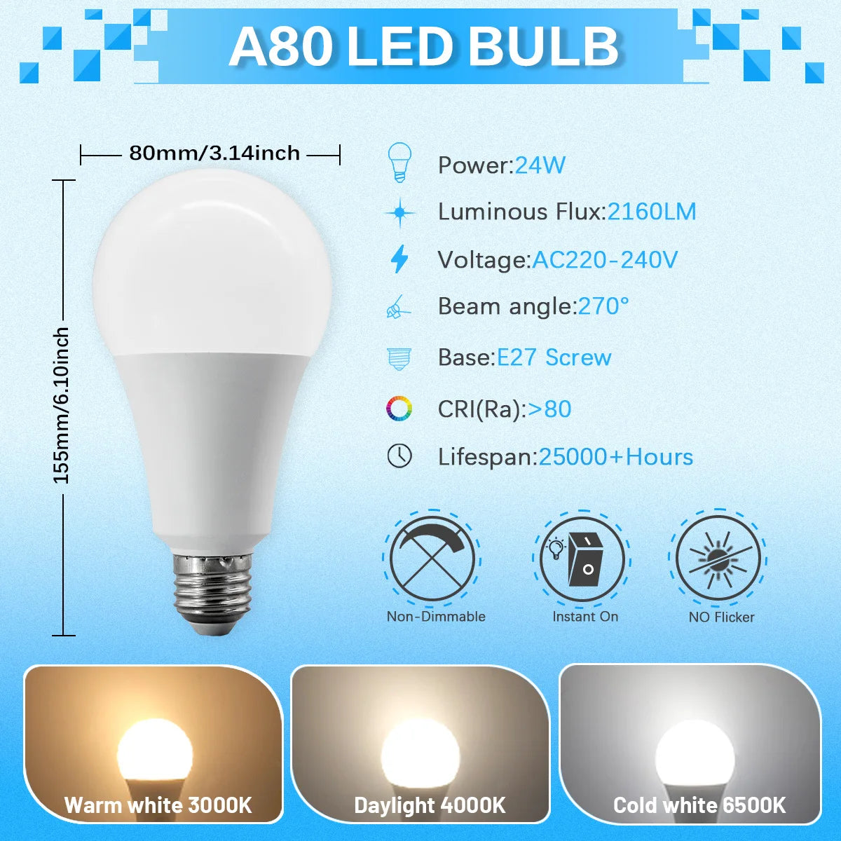 Set of 12 E27 LED Bulbs Full Watt Super Bright 220V 240V