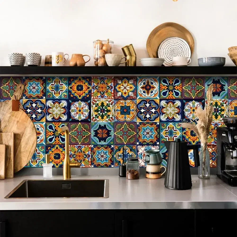 24pcs Morocco Style Colorful Retro Tiles Wall Sticker Kitchen Bathroom Tile Waist Line Wallpaper PVC Waterproof Art Mural