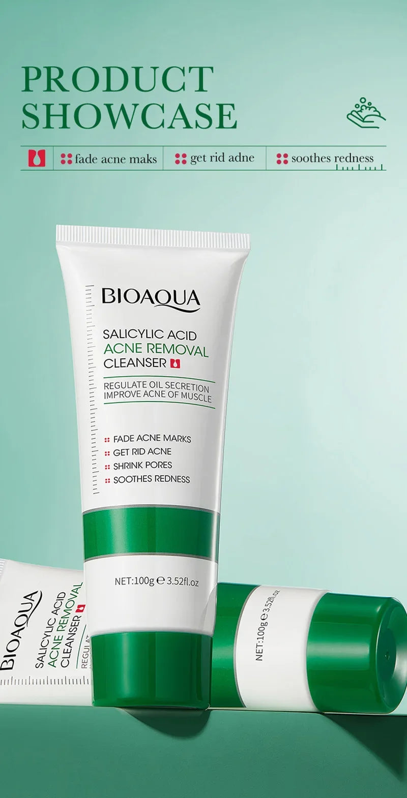BIOAOUA Salicylic Acid Ance Removal Cleanser Fade Ance Marks Mild Moisturizing Soothing Facial Cleanser Face Washing Products