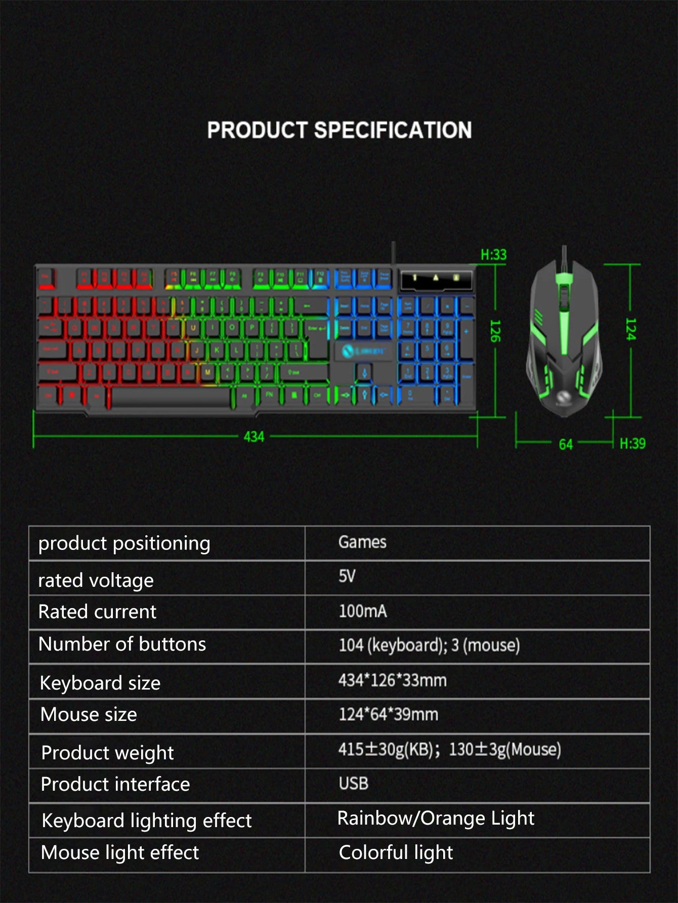 LED mechanical keyboard, raised keys, soft typing, gamers