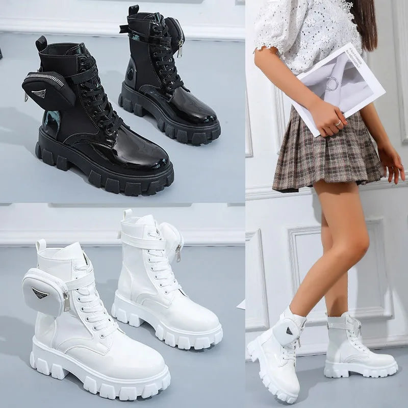 Women's Fashion Boots Thick Sole Round Toe with Small Bag