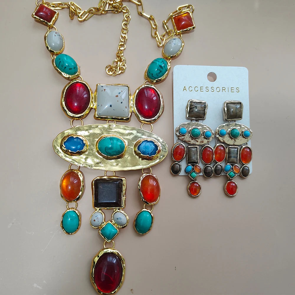 Women's Gold Jewelry Set with Colorful Stones