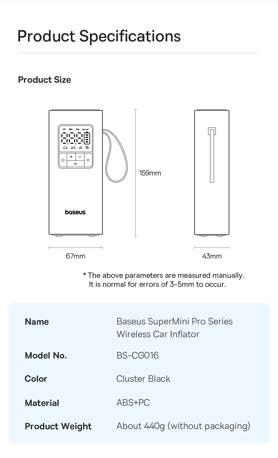 Baseus Wireless Car Air Pump Portable Air Compressor for Car Motorcycles Bicycle Electric Tire Inflator with LCD Digital Display - Daisan Mart