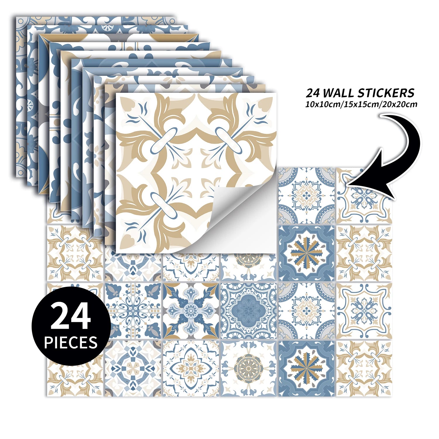 24PCS Set of Light Colored Ceramic Tile Stickers,PVC Peel and Stick Kitchen and Bathroom Wall Stickers Waterproof Self-Adhesive