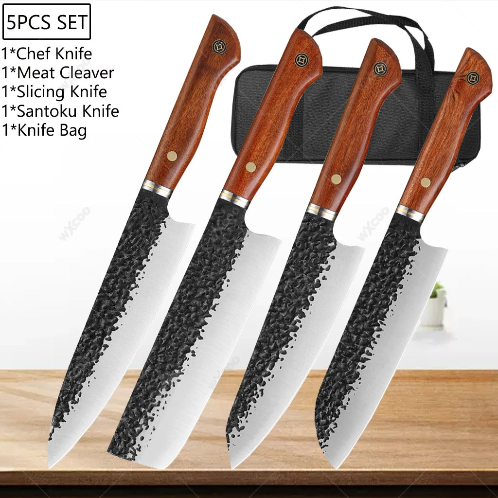 5CR15MOV Steel Chef Knife Set with Wooden Handle Forged Meat Cleaver Japanese Santoku Knife Kitchen Knife Storage Bag - Daisan Mart