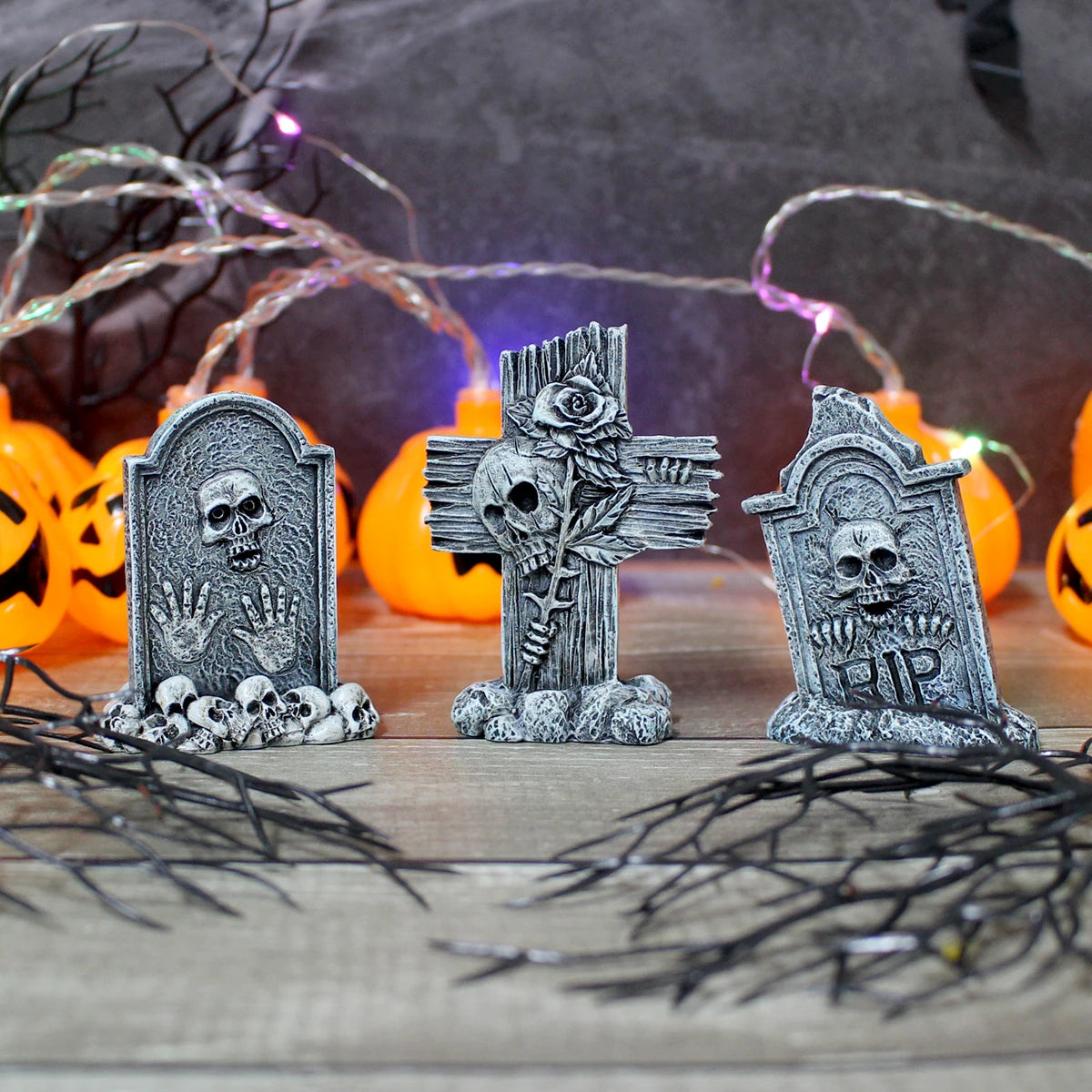 3-piece set of tombstone resin crafts, terrifying decorative statues in courtyard gardens, Halloween decorative statues, bonsai