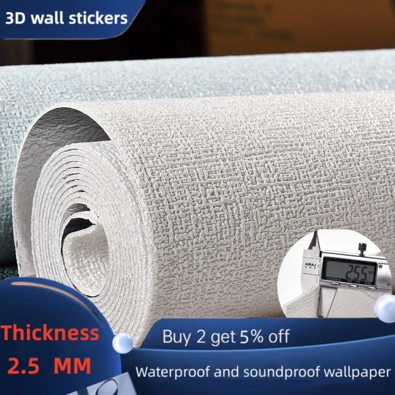 Cuộn giấy dán tường 3D màu trắng, họa tiết nổi, dày 2.5mm, chống nước, âm thanh.