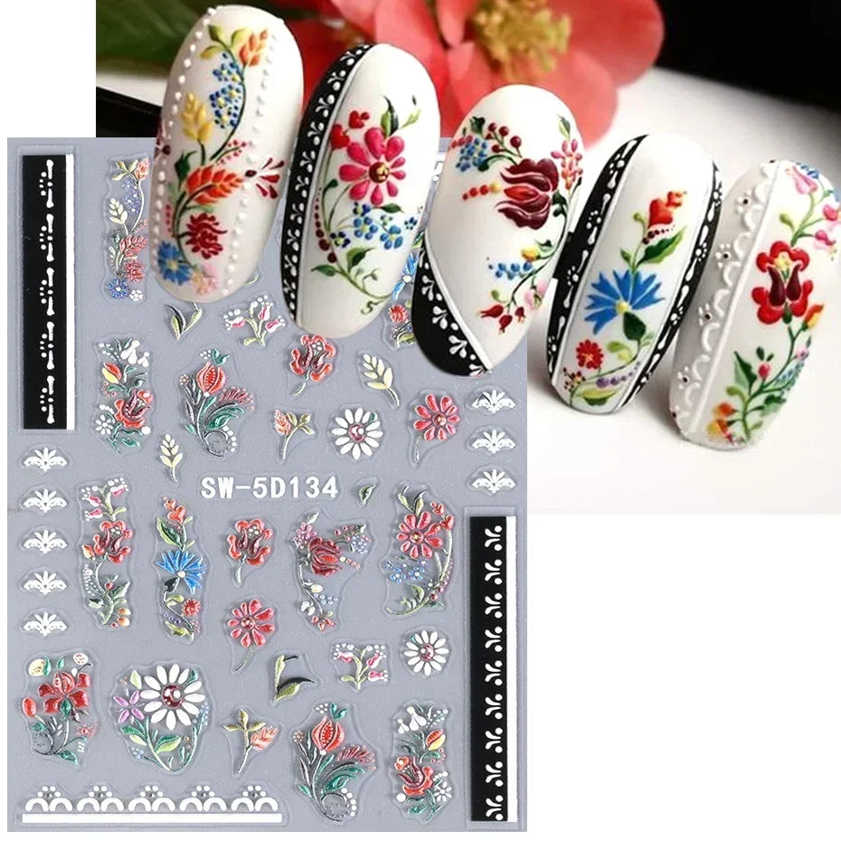 5D Colorful Daisy Flower Nail Art Sticker Lace Heart Spring Hollow Petals Boho Style French Engraved Slider Manicure Decorations - Daisan Mart