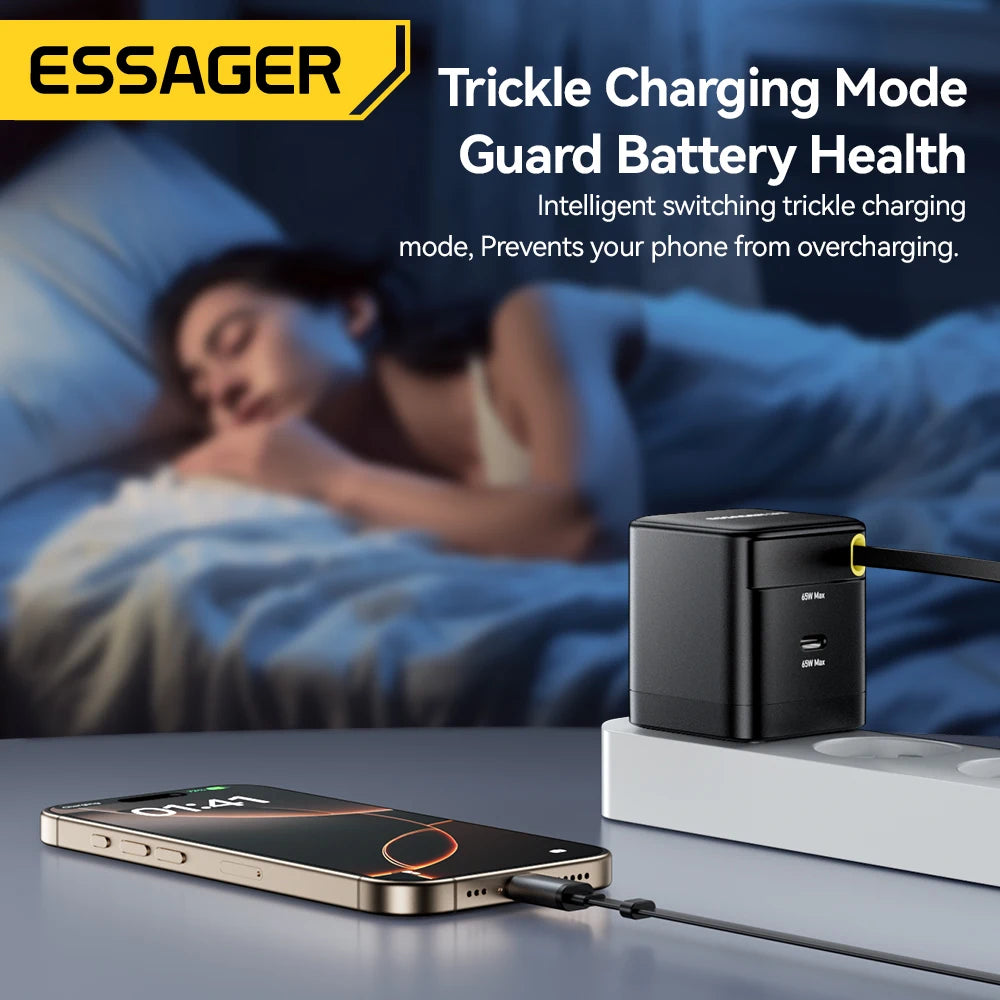 Essager 65W GaN Charger with Retractable Cable PD Fast Charging for Laptop Macbook iPhone 16 15 14 Xiaomi Type-C Phone Charger