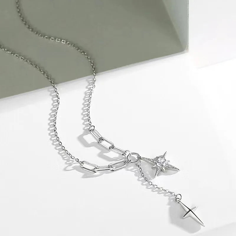 Feminine and Gentle Long Crystal Star Silver Necklace
