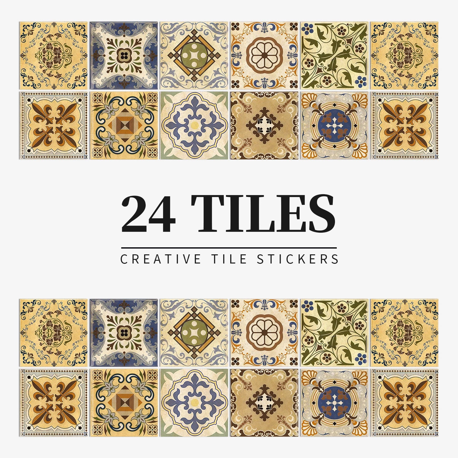 24Pcs European retro style Art Tile Wall Stickers With Self Adhesive Removable Bathroom Kitchen Waterproof Pvc Decal Wallpaper