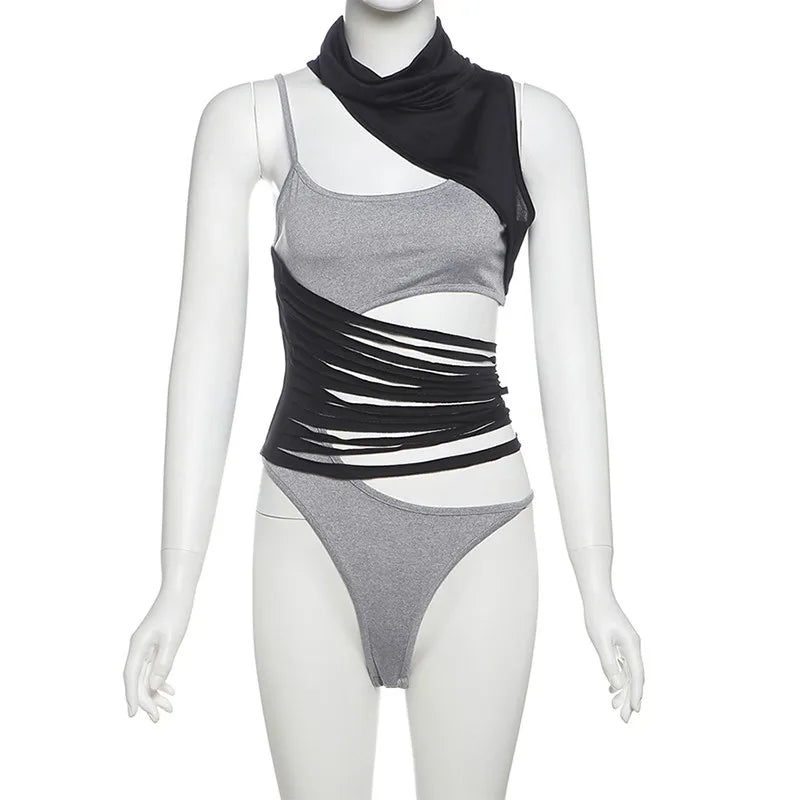 Sylcue Irregular Hollow Design Bodysuits Women Contrast Patchwork Turtleneck Sleeveless Hot Girls Street Sexy Fashion Bodycon - Daisan Mart
