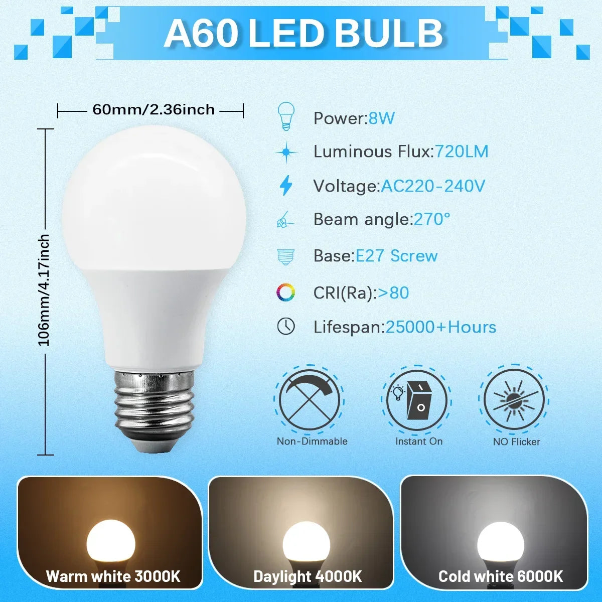 Set of 12 E27 LED Bulbs Full Watt Super Bright 220V 240V
