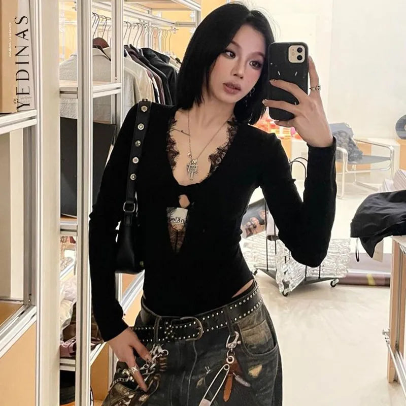 Gothic Black Lace Mesh Bodysuit for Women Y2K