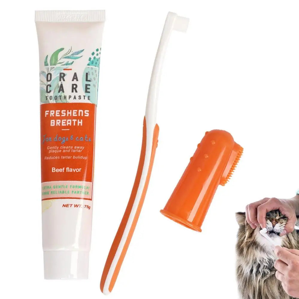 Beef Cat Toothbrush and Toothpaste Set for Teeth Cleaning Vanilla Toothpaste Finger Toothbrush Tongue Cleaning Pet Accessories - Daisan Mart
