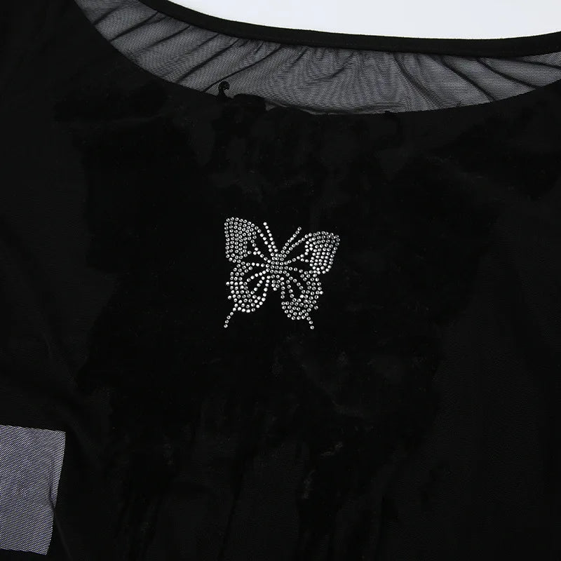 Goth Dark Mall Gothic Mesh See Through Butterfly Print Skinny Bodysuits Sexy Backless V-neck Overalls Y2K Grunge Street Bodysuit